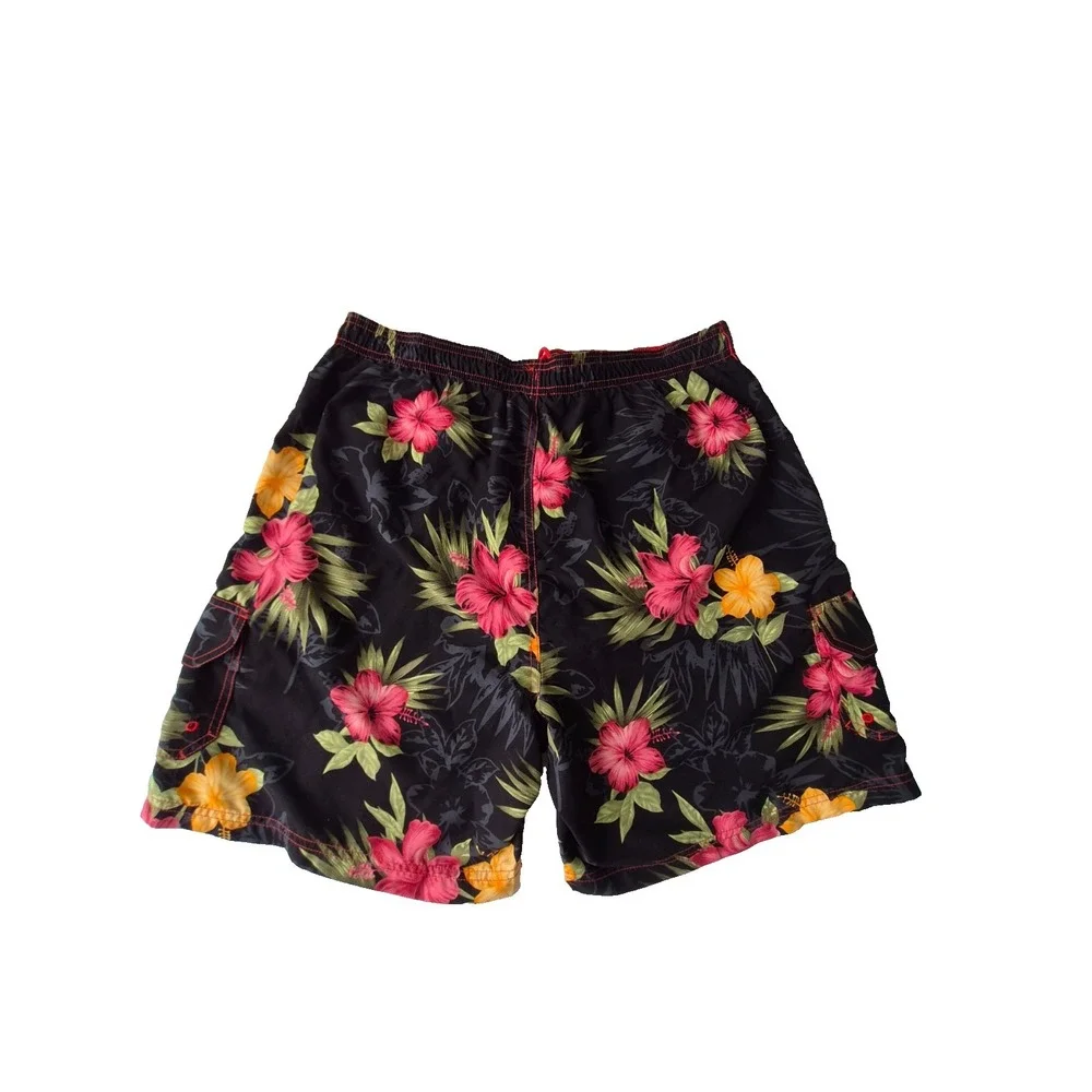 Sand N Sun Tropical Floral Swim Trunks Mens‎ Size M Black Hawaiian Board Shorts